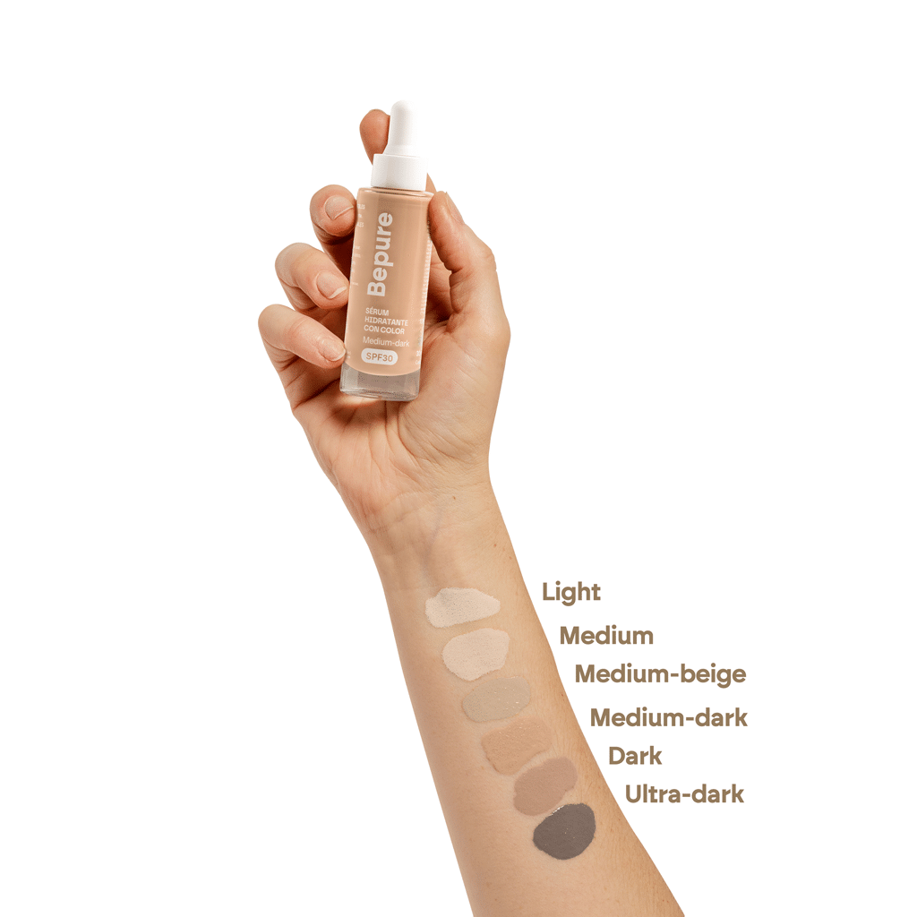 Colores-Bepure-brazo Facial Hidratante SPF30 con color ULTRA-DARK. Sérum de día. Todo tipo de pieles | Todo tipo de pieles sensibles | Pieles grasas | Pieles secas | Pieles normales y mixtas. 30 ml. - Imagen 2