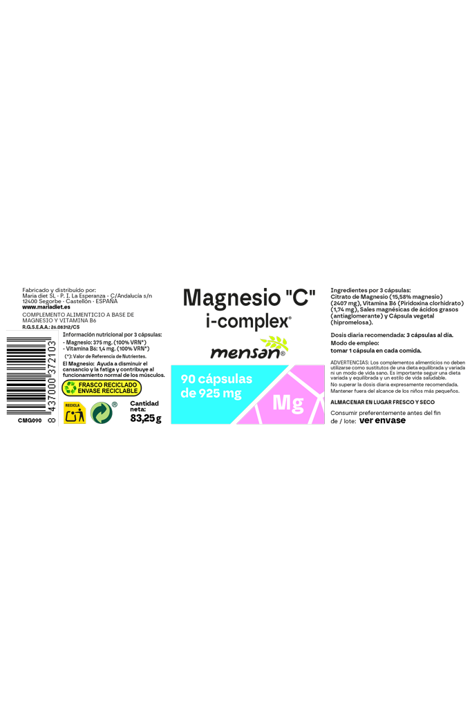 MAGNESIO "C" i-complex®. Cápsulas vegetales 925 mg.. 90 u. MAGNESIO "C" i-complex®. Cápsulas vegetales 925 mg.. 90 u. - Imagen 2